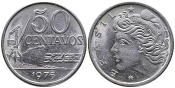 Бразилия 50 сентаво 1975 голова свободы влево KM 580a, Schon 85a нержавеющая сталь 3336-915
