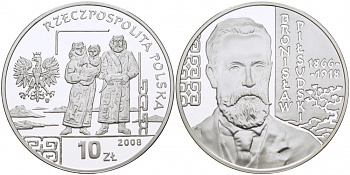 Польша 10 злотых 2008 серия польские путешественники, Бронислав Пилсудский (1866-1918) KM 649 серебро PROOF 1096-3-51