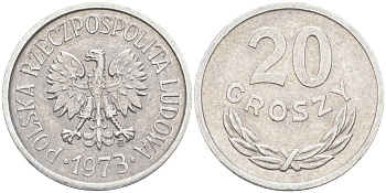 Польша 20 грошей 1973 MW KM А47, Parchimowicz 208m алюминий UNC 106-445