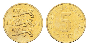 Эстония 5 сентов 1991 KM 21 латунь UNC 4668-629