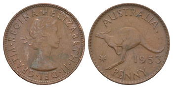 Австралия 1 пенни 1953 Елизавета II (1952-2022), кенгуру, год-тип KM 50 бронза 82-842