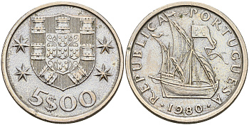 Португалия 5 эскудо 1980 парусник KM 591 медно-никель  UNC  4161-812