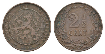 Нидерланды 2 1/2 цента 1906 Вильгельмина (1890-1948) KM 134 бронза 57-323