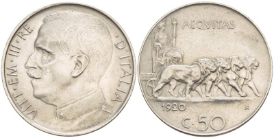 ИТАЛИЯ 50 ЧЕНТЕЗИМО 1920 R, ВИКТОР ЭММАНУИЛ III (1900-1946), ГЛАДКИЙ ГУРТ, МАГНИТНАЯ KM 61.2 никель VF+ 55-113