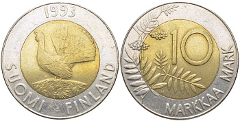ФИНЛЯНДИЯ 10 МАРОК 1993 M, ГЛУХАРЬ KM 77 биметалл 115-531