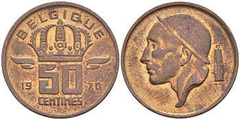 БЕЛЬГИЯ 50 САНТИМОВ 1970 BELGIQUE KM 148.1 бронза 96-761