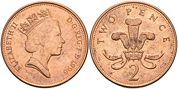 Великобритания 2 пенса 1996 Елизавета II (1952-2022) KM 936а, Spink 4386 (C4) сталь плакированная медью 4116-752