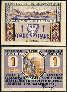 Германия, Арнсберг 1 марка 1921 нотгельд, 15 декабря 1921 - 15 октября 1922 Grabowski 42.2  бумага  UNC (пресс) 444-84-2-2