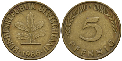 ФРГ 5 пфеннигов 1966 F J.382, KM 107 сталь плакированная латунью    4598-816