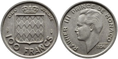 Монако 100 франков 1956 Ренье III (1949-2005) KM 134 медно-никель 4364-1555
