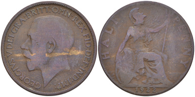 Великобритания 1/2 пенни 1922 Георг V (1910-1936) KM 809, Spink 4056 бронза 4561-524