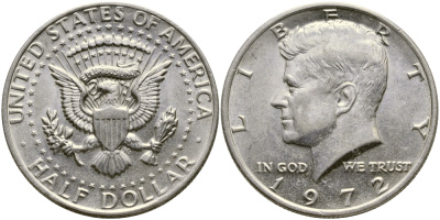США 1/2 доллара (50 центов) 1972 Джон Кеннеди KM 202b медь плакированная медно-никелем 413-4425