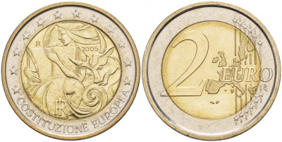 Италия 2 евро 2005 1-я годовщина подписания Европейской конституции KM 245 биметалл UNC 1094-6-34