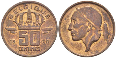 БЕЛЬГИЯ 50 САНТИМОВ 1970 BELGIQUE KM 148.1 бронза 96-761