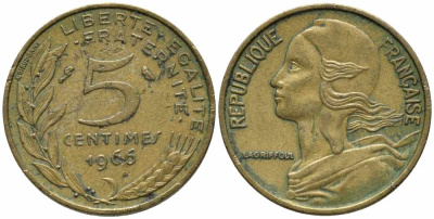 ФРАНЦИЯ 5 САНТИМОВ 1966 ТИП MARIANNE KM 933, LE FRANC 125.2 алюминиевая бронза 100-1257
