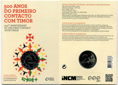 Португалия 2 евро 2015 500 лет первому контакту с Тимором, запайка, картонный буклет KM 849 биметалл BUNC 3-4-8-36