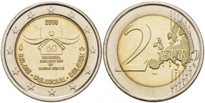 Бельгия 2 евро 2008 60 лет принятие декларации прав человека KM 248 биметалл UNC 1094-6-41