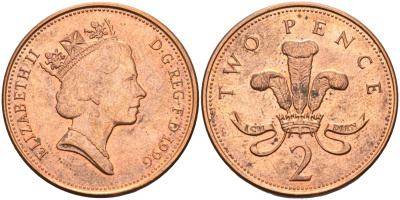 Великобритания 2 пенса 1996 Елизавета II (1952-2022) KM 936а, Spink 4386 (C4) сталь плакированная медью 4116-752