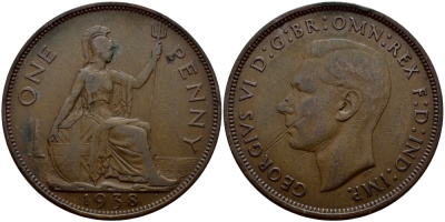 Великобритания 1 пенни 1938 Георг VI (1936-1952) KM 845, Spink 4114 бронза 540-446