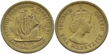 Британские Восточно-Карибские территории 5 центов 1955 Елизавета II (1952-2022), парусник KM 4 никель латунь 89-1714