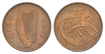 Ирландия 2 пенса 1971 виньетка в виде стилизованной птицы из второй библии Карла II лысого KM 21 бронза 4595-846