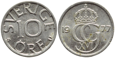 Швеция 10 эре 1977 U Карл XVI Густав (1973- ) KM 850 медно-никель 4396-529