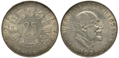 Австрия 25 шиллингов 1958 100 лет со дня рождения Карла Вельсбаха KM 2884 серебро aUNC 1520-122