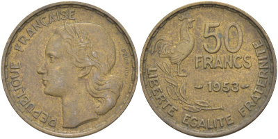 Франция 50 франков 1953 KM 918.1, le Frank 425.10 алюминиевая бронза 3855-1032