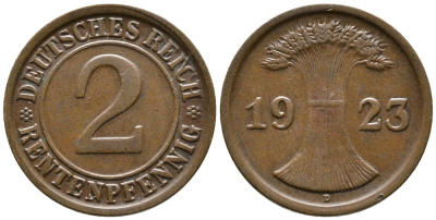 ГЕРМАНИЯ 2 РЕНТЕНПФЕННИГА 1923 D KM 31, J. 307 бронза 24-433
