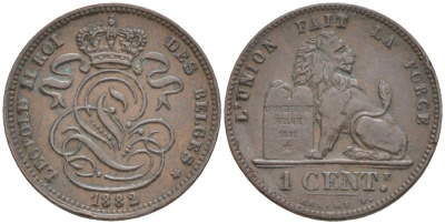 БЕЛЬГИЯ 1 САНТИМ 1882 KM 33.1 медь 44-937