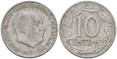 Испания 10 сентимо 1959 Франсиско Франко (1939-1975) KM 790 алюминий 4154-469