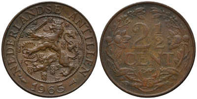 Нидерландские Антилы 2 1/2 цента 1965 Юлиана (1948-1980) KM 5 бронза 4579-856