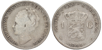 Нидерландское Кюрасао 1 гульден 1944 D, Вильгельмина (1890-1948) KM 45 серебро 36-516