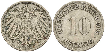 ГЕРМАНИЯ 10 ПФЕННИГОВ 1903 D KM 12, J. 13 медно-никель 4401-1247