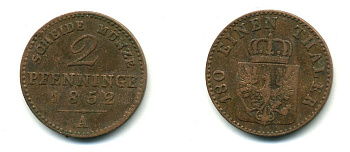 Пруссия 2 пфеннига 1852 А, Фридрих Вильгельм IV (1840-1861) KM 452, Jaeger 51, Olding 336, AKS 91 медь 54-611