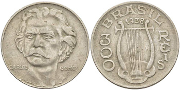 БРАЗИЛИЯ 300 РЕЙС 1938 БРАЗИЛЬСКИЙ КОМПОЗИТОР АНТОНИО КАРЛОС ГОМЕС (1836-1896), АРФА KM 538 медно-никель 4529-616