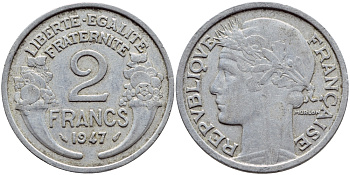 Франция 2 франка 1947 KM 886а.1 алюминий 4397-741