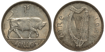 ИРЛАНДИЯ 1 ШИЛЛИНГ 1941 БЫК KM 14 серебро 272-224