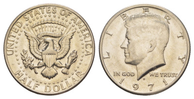 США 1/2 доллара (50 центов) 1971 D, Джон Кеннеди KM 202b медь плакированная медно-никелем aUNC 215-1244