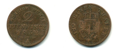 Пруссия 2 пфеннига 1852 А, Фридрих Вильгельм IV (1840-1861) KM 452, Jaeger 51, Olding 336, AKS 91 медь 54-611