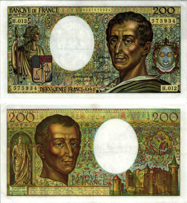 ФРАНЦИЯ 200 ФРАНКОВ 1982 ШАРЛЬ БАРОН де МОНТЕСКЬЮ, СТЕПЛЕР Pick 155а бумага XF 7183-39-3-1