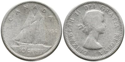 Канада 10 центов 1956 Елизавета II (1952-2022), парусник, без точки KM 51 серебро 4532-753