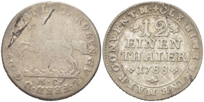 БРАУНШВЕЙГ-ВОЛЬФЕНБЮТТЕЛЬ 1/12 ТАЛЕРА 1788 MC, КАРЛ ВИЛЬГЕЛЬМ ФЕРДИНАНД (1780-1806) KM 1000, Welter 2922 серебро 4548-915
