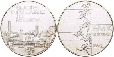 Финляндия 10 марок 1971 S-H, X Чемпионат Европы по легкой атлетике KM 52 серебро UNC 1515-1334