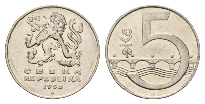 Чехия 5 крон 1993 чешский лев, Карлов мост KM 8 сталь плакированная никелем 190-1245