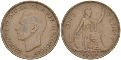Великобритания 1 пенни 1945 Георг VI (1936-1952) КМ 845, Spink 4114 бронза 180-1215