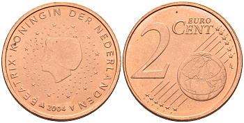 Нидерланды 2 евроцента 2004  КМ 235 сталь плакированная медью UNC   4160-1144
