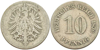 Германия 10 пфеннигов 1876 C, старогербовка KM 4, Jager 4, Weege 7 медно-никель 261-1225