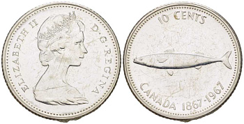 КАНАДА 10 ЦЕНТОВ 1967 100 ЛЕТ КОНФЕДЕРАЦИИ, РЫБА, ЕЛИЗАВЕТА II (1952-) KM 67 серебро UNC 206-244