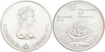 Канада 5 долларов 1976 XXI летние Олимпийские игры в Монреале 1976 года, Олимпийский огонь KM 110 серебро UNC 107-232